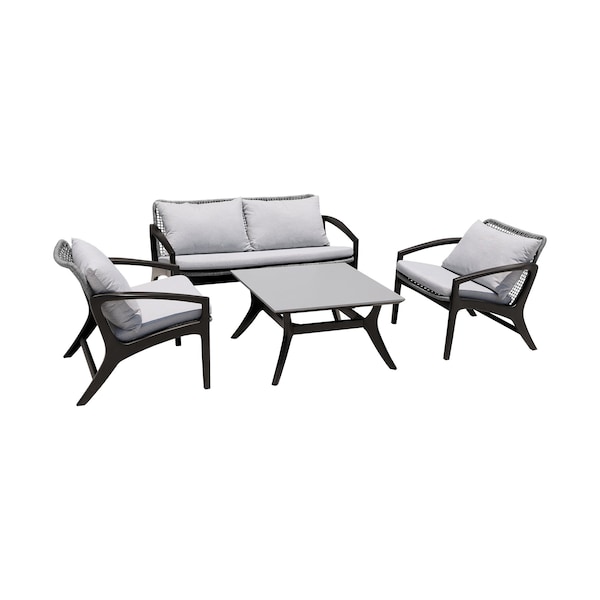 Armen Living Brighton 4 Piece Outdoor Patio Seating Set in Dark Eucalyptus Wood with Gray Rope and White Cushions 840254336100 - main